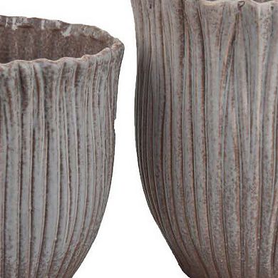 Decorative Planter Set of 2, Ribbed Texture Gray Ceramic Body