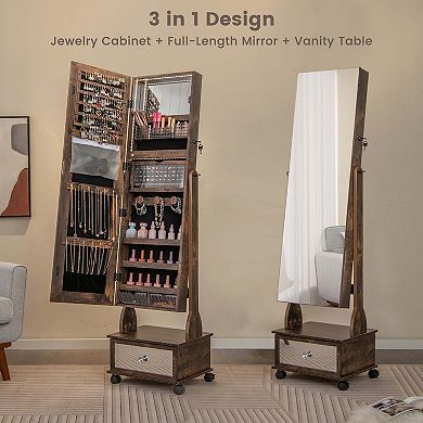 Costway Jewelry Cabinet Armoire Full-Length Mirror Lockable with 3-Color LED Lights