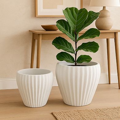Accent Bowl Planter Set of 2, Ribbed Edges, White Terracotta, 14, 11