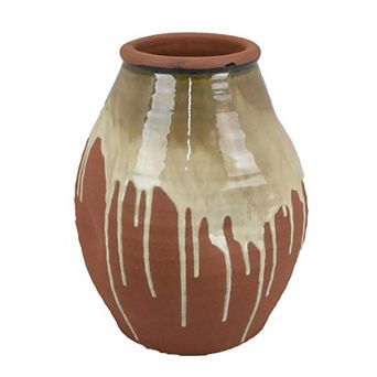 Accent Vase, Ceramic Drip Design Creamy Beige, Brown Ceramic, 12 Inch