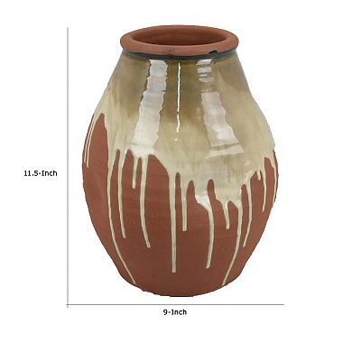 Accent Vase, Ceramic Drip Design Creamy Beige, Brown Ceramic, 12 Inch
