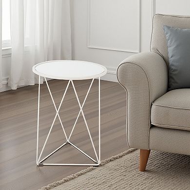 Accent Table, 18 Inch, Round Mirror Top and Open White Metal Base