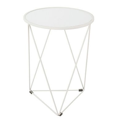 Accent Table, 18 Inch, Round Mirror Top and Open White Metal Base
