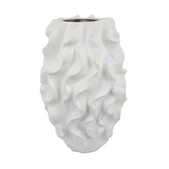 Decorative Vase, White Ceramic, Textured 19 Inch Curved Wave Design