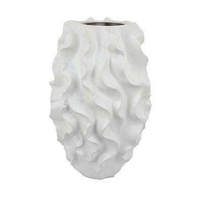 Decorative Vase, White Ceramic, Textured 19 Inch Curved Wave Design