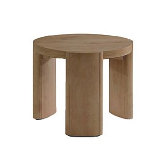 Timore End Table, Round 20 Inch Oak Brown Wood Top, Plinth Base