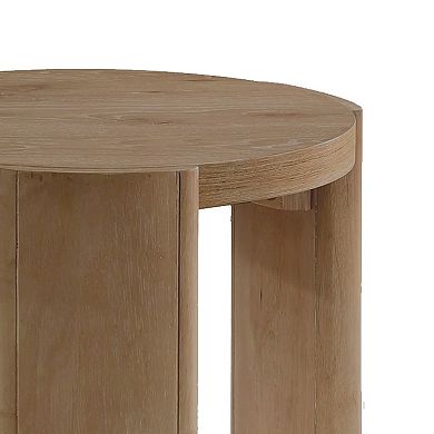 Timore End Table, Round 20 Inch Oak Brown Wood Top, Plinth Base