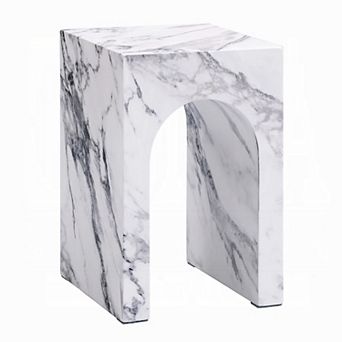 Ritzy End Table, White Marble Faux Stone Single Arch Design 12 Inch