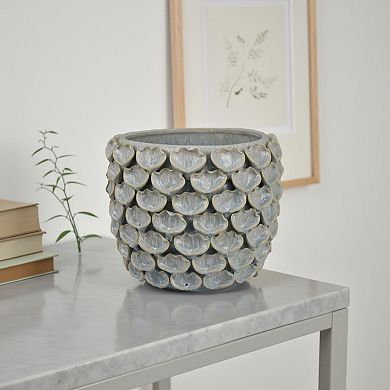 Decorative Textured Planter, Seashell Style 12 Inch Gray Ceramic Body