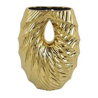 Decorative Vase, 16 Inch U Shape Ceramic Body, Gold Geometric Pattern