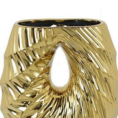 Decorative Vase, 16 Inch U Shape Ceramic Body, Gold Geometric Pattern