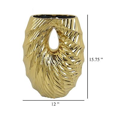 Decorative Vase, 16 Inch U Shape Ceramic Body, Gold Geometric Pattern