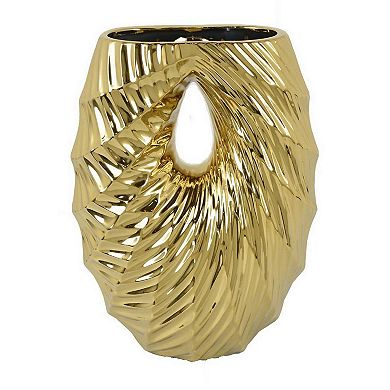 Decorative Vase, 16 Inch U Shape Ceramic Body, Gold Geometric Pattern