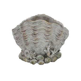 Coastal Clam Shell Planter w Coral Accents, Weathered Gray Terracotta