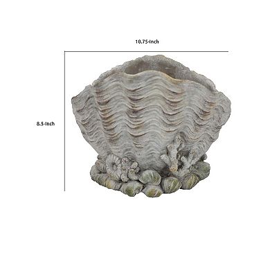Coastal Clam Shell Planter w Coral Accents, Weathered Gray Terracotta