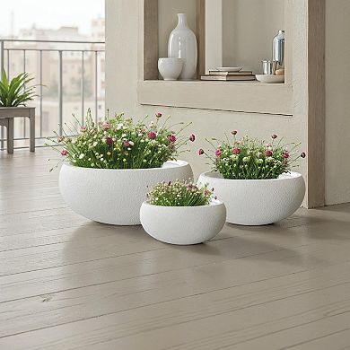 Keyan Accent Planter Set of 3, White Resin, Modern Smooth Bowl Shape
