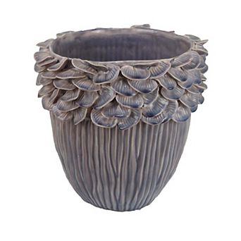 Decorative Planter, 13 Inch Ribbed Seashell Design, Purple Ceramic