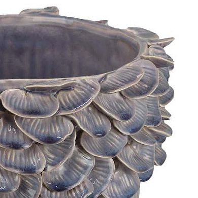 Decorative Planter, 13 Inch Ribbed Seashell Design, Purple Ceramic