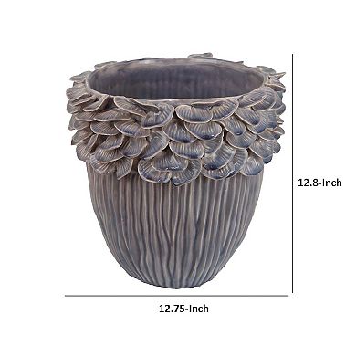 Decorative Planter, 13 Inch Ribbed Seashell Design, Purple Ceramic