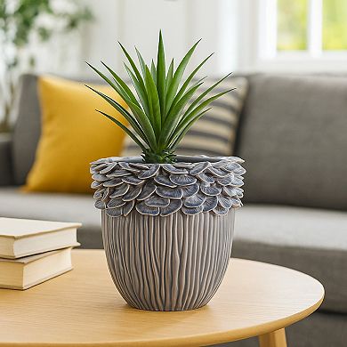 Decorative Planter, 13 Inch Ribbed Seashell Design, Purple Ceramic