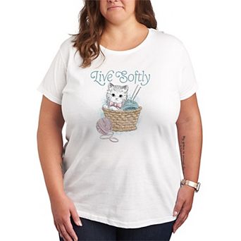 Plus Size Live Softly Crochet Kitten Graphic Tee