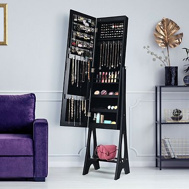 Costway LED Jewelry Cabinet Organizer Bevel Edge Mirrored Standing