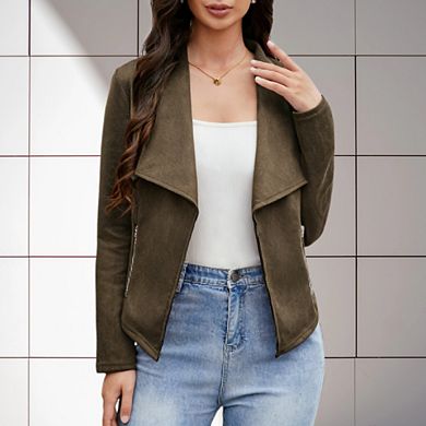 Women's Faux Suede Jackets Fall Clothes Long Sleeve Open Front Cropped Coat Outwear