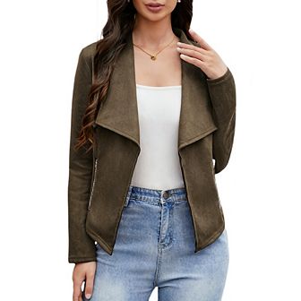 Women's Faux Suede Jackets Fall Clothes Long Sleeve Open Front Cropped Coat Outwear