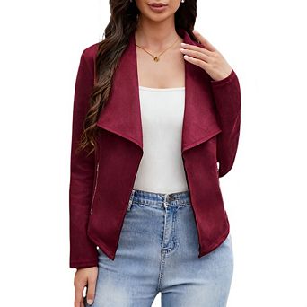 Women's Faux Suede Jackets Fall Clothes Long Sleeve Open Front Cropped Coat Outwear