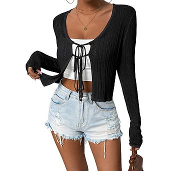Women's Bow Tie Cardigan knitted Sweaters Long Sleeve Trend Crop Tops