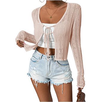 Women's Bow Tie Cardigan knitted Sweaters Long Sleeve Trend Crop Tops