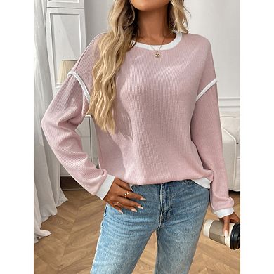 Women's Fall Fashion Crew Neck Sweaters Long Sleeve Loose Color Block Pullover Tops
