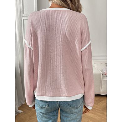 Women's Fall Fashion Crew Neck Sweaters Long Sleeve Loose Color Block Pullover Tops