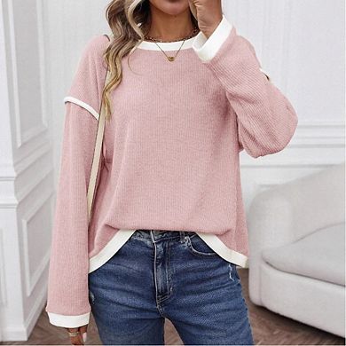 Women's Fall Fashion Crew Neck Sweaters Long Sleeve Loose Color Block Pullover Tops