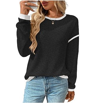 Women's Fall Fashion Crew Neck Sweaters Long Sleeve Loose Color Block Pullover Tops