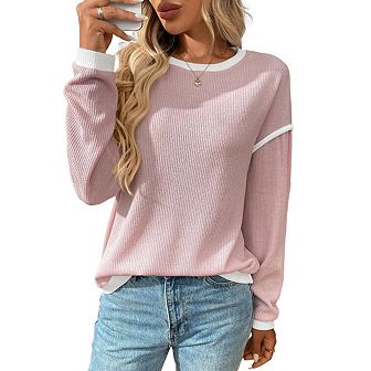 Women's Fall Fashion Crew Neck Sweaters Long Sleeve Loose Color Block Pullover Tops