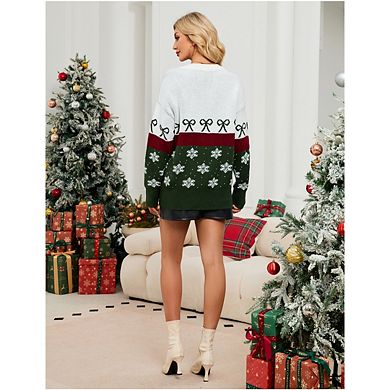 Women's Christmas Ugly Sweater Chunky V-Neck Pullover With Bow And Snowflake Pattern Festive Fashion