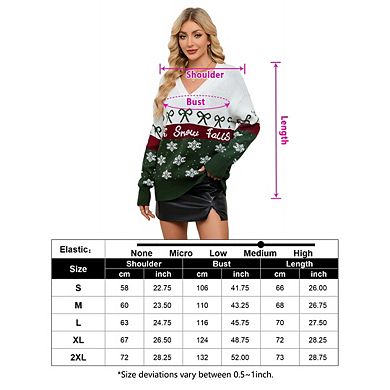Women's Christmas Ugly Sweater Chunky V-Neck Pullover With Bow And Snowflake Pattern Festive Fashion