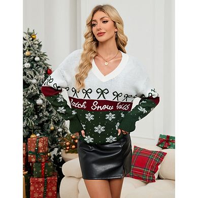 Women's Christmas Ugly Sweater Chunky V-Neck Pullover With Bow And Snowflake Pattern Festive Fashion