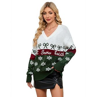 Women's Christmas Ugly Sweater Chunky V-Neck Pullover With Bow And Snowflake Pattern Festive Fashion