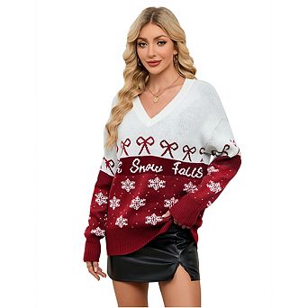 Women's Christmas Ugly Sweater Chunky V-Neck Pullover With Bow And Snowflake Pattern Festive Fashion