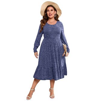 Plus Size Dresses for Curvy Women Crew Vneck Long Sleeve Dresses Ladies Knee Long Fall Winter Dress