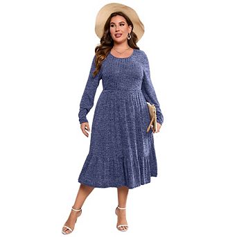 Plus Size Dresses for Curvy Women Crew Vneck Long Sleeve Dresses Ladies Knee Long Fall Winter Dress