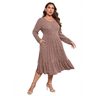 Plus Size Dresses for Curvy Women Crew Vneck Long Sleeve Dresses Ladies Knee Long Fall Winter Dress
