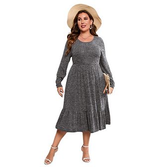 Plus Size Dresses for Curvy Women Crew Vneck Long Sleeve Dresses Ladies Knee Long Fall Winter Dress