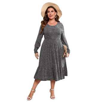 Plus Size Dresses for Curvy Women Crew Vneck Long Sleeve Dresses Ladies Knee Long Fall Winter Dress