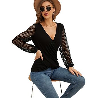 Long Sleeve Shirts for Women V Neck Lace Dressy Business Casual Blouses Cross Wrap Tops Work Shirt