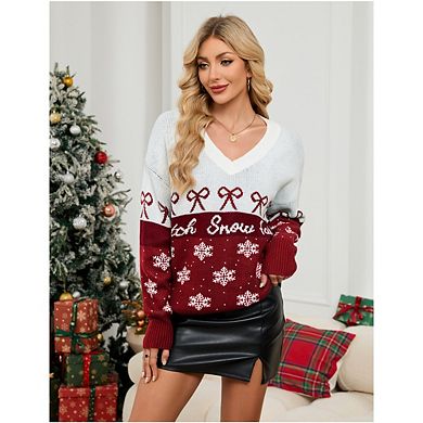 Women's Christmas Ugly Sweater Chunky V-Neck Pullover With Bow And Snowflake Pattern Festive Fashion