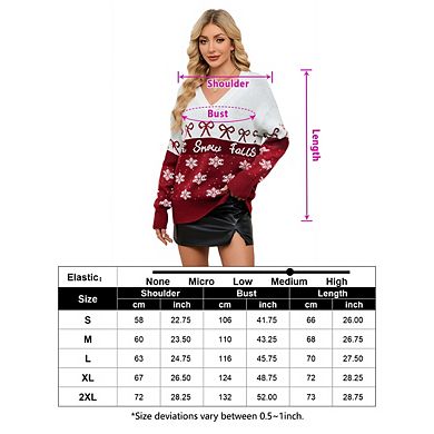Women's Christmas Ugly Sweater Chunky V-Neck Pullover With Bow And Snowflake Pattern Festive Fashion