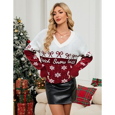 Women's Christmas Ugly Sweater Chunky V-Neck Pullover With Bow And Snowflake Pattern Festive Fashion
